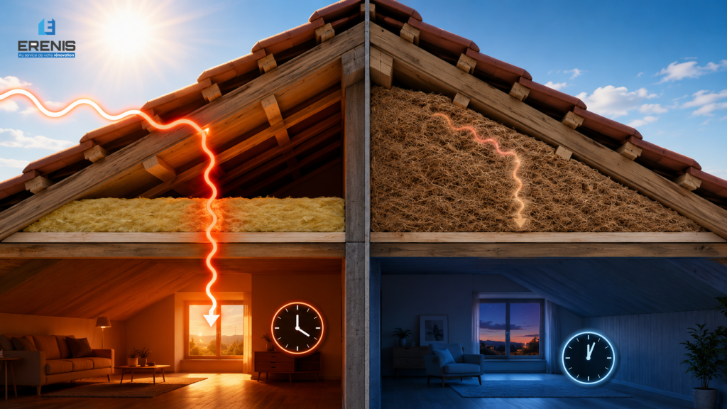 Schéma du déphasage thermique dans une toiture isolée : la chaleur met plusieurs heures à traverser l'isolant avant d'atteindre l'intérieur du logement - Erenis