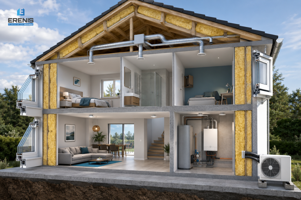 Coupe d'une maison rénovée illustrant l'isolation des combles et murs, la ventilation, le chauffage et les menuiseries performantes - Erenis