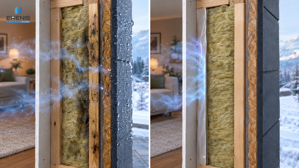 Schéma comparatif d'un mur isolé avec et sans pare-vapeur - Erenis