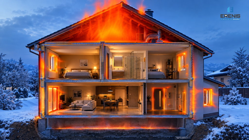 Coupe thermique d'une maison montrant les 5 zones de déperdition de chaleur - Erenis